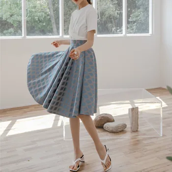 

LANMREM high waist plaided printed knee length A-line halfbody skirt female sweet bottoms spring and summer WM16705L