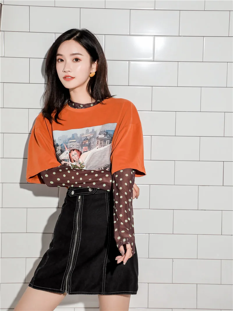 CHEERART Fake 2 Piece Graphic T Shirts Mesh Long Sleeve Top Women Tshirt Loose Fashion T Shirt Orange Tee Shirt Femme Clothing