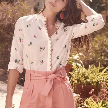 

Autumn White Long Sleeve Patchwork Casual Shirt Chic Floral Embroidery Blouse Stand Collar Button Loose Shirt