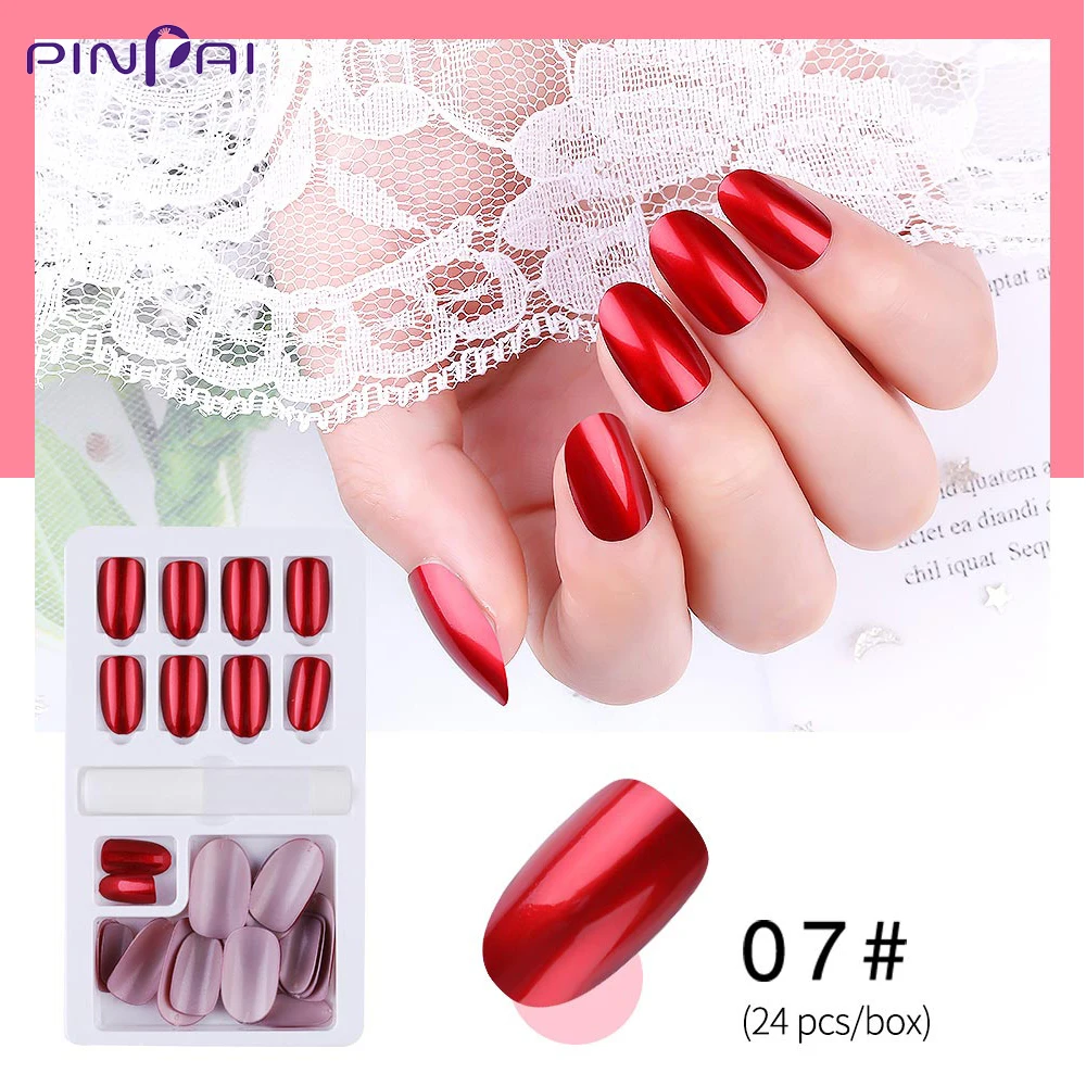 PinPai 24 Pcs/Set Shining False Nail Tips Reusable Full Cover Artificial Fake Tips Nails Press On Nails Art Fake Extension Tips