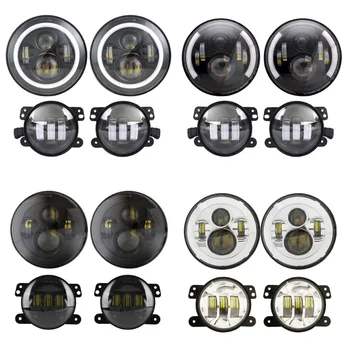 

7inch LED Headlight DRL Halo Angel Eyes Assembly Kit 30W 4inch LED Fog Light for Jeep Wrangler TJ JK Land Rover Defender