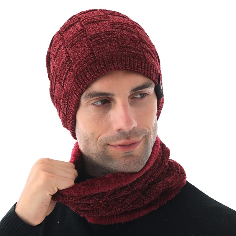 hat scarf set wine Xthree зимние мужские шапочки Skullies шапка для мужчин шенилл вязаная шапка шарф с подкладкой мужские шапочки зимние шапочки - Цвет: hat scarf set wine