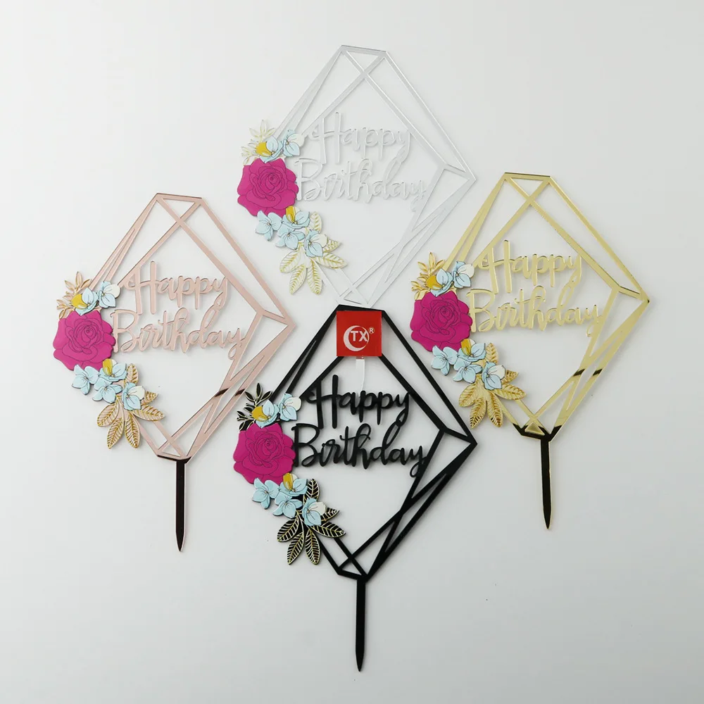 Ins Flower Three-dimensional Acrylic Cake Topper Rhombus 3D Happy Birthday Baking for Party Decoration | Дом и сад