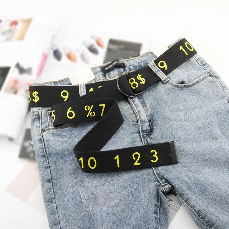 

New Nylon Canvas Belt Student Fashion Punk Number Printed Double Black Loop buckle Waist Strap Wild Pants Jeans Dress Waistban