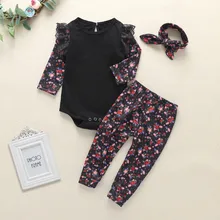 Комбинезон с цветочным принтом для маленьких девочек, комбинезон+ штаны+ повязка на голову, комплекты одежды модная одежда с длинными рукавами для новорожденных девочек