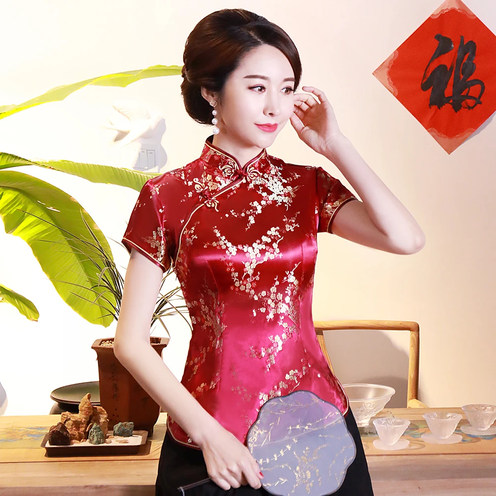 4XL Vintage Flower Women Chinese Traditional Satin Blouse Summer Sexy Shirt Dragon Clothing chinese dress
