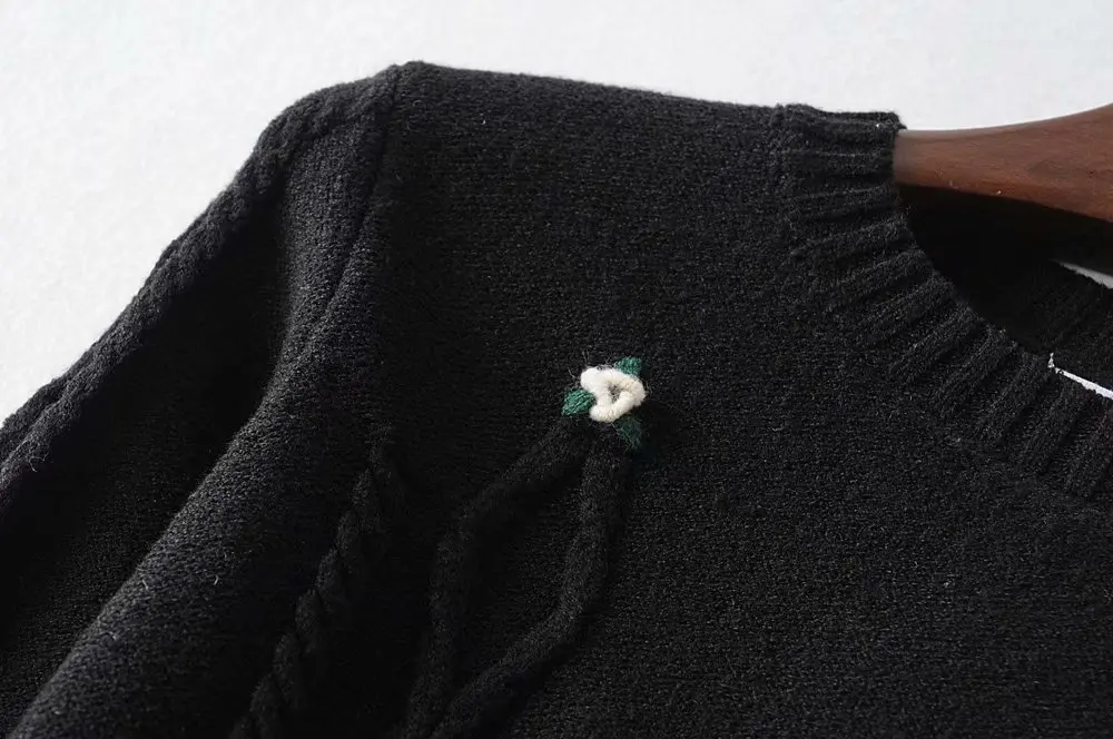 Bazaleas французский белый женский свитер с цветочной вышивкой, винтажный свитер с круглым вырезом, женский ретро теплый вязаный пуловер