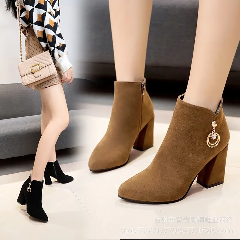 

2019 Autumn New Style Suede Low-Top High Heel Boots Women's Star Celebrity Style Fashion WOMEN'S Ankle Boots Women's Boots