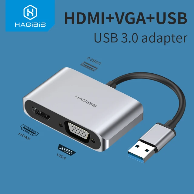 멀티케이블 Hagibis USB 3.0-HDMI 호환 VGA 어댑터 1080P 멀티 디스플레이 2in1 USB-Windows 7/8/10 OS 용 HDMI 호환 변환기