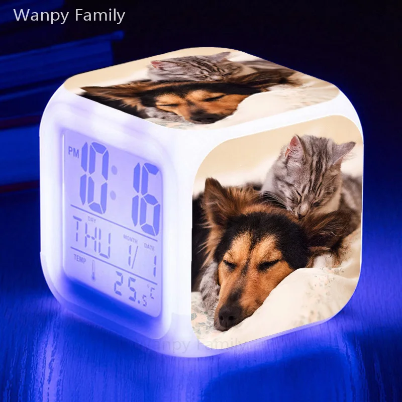2021 New Sleeping dog &cat Alarm Clock 7 Color Glowing LED Digital