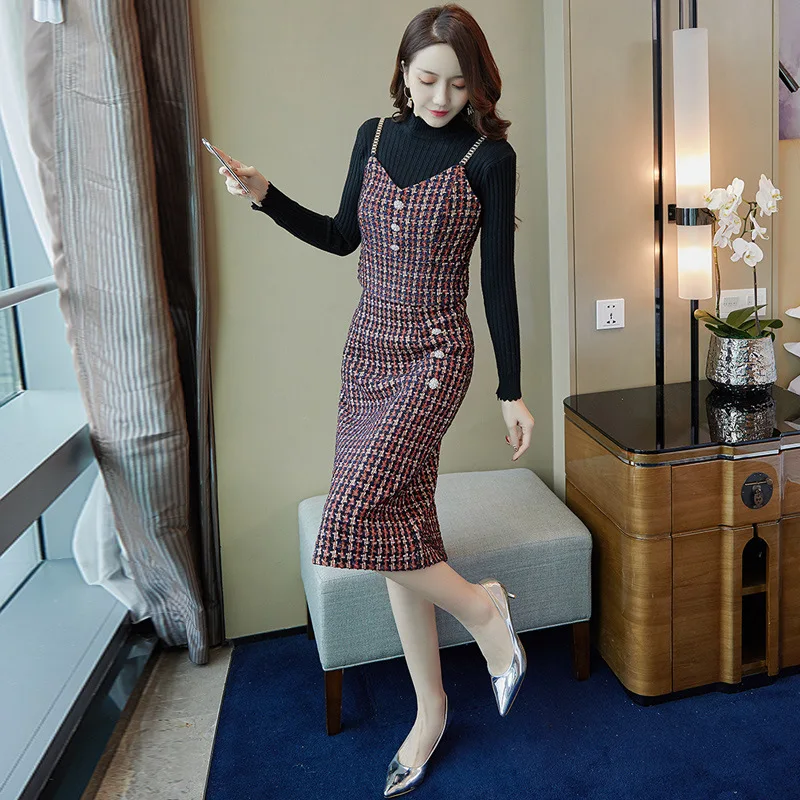 

Set WOMEN'S Dress 2019 Spring New Style Elegant Commuting Long Sleeve Sweater Skirt Three-piece Set a Generation of Fat 9384