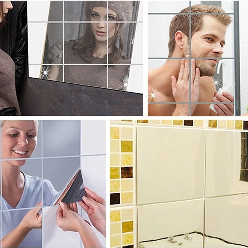 9/16Pcs Mirror Wall Stickers DIY Self Adhesive Square Foil Films Home Decoration Sticker Supplies Living Room Bathroom 15x15cm