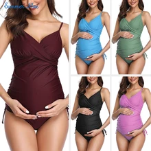 Цельный женский купальник для беременных в стиле ретро, сливовый Танкини С ЗАПАХОМ СПЕРЕДИ