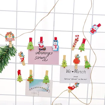 

10 PCS Mini Colorful Christmas Small Clip Hemp Rope Decorative Photo Frame Paper Clip Photo Wall Small Wooden Clip Home Decorati