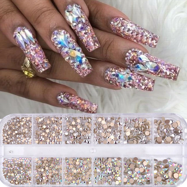 12 Grids,Crystal Iridescent Nail Art Rhinestones,Flat Back Sparkle White  Glass Nail Art Gemstones For Nail Art Decoration