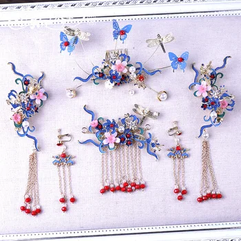 

special blue chinese style comb hairpins sets Bride's Butterfly Retro wedding Headdress bridal hair jewelry