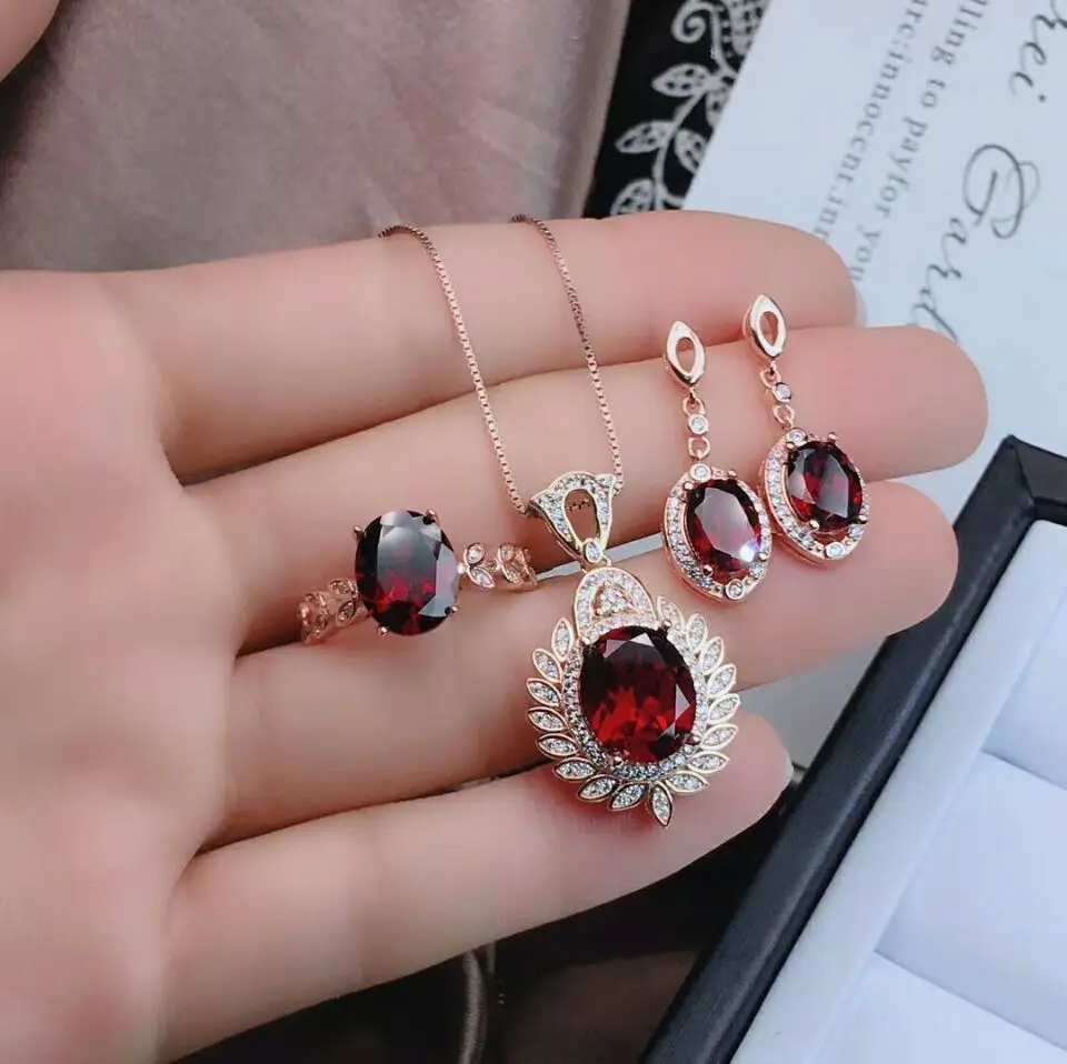 Rose gold set MeiBaPJ прекрасного качества натуральный красный драгоценный камень, гранат Мода набор украшений для женщин Настоящее серебро 925 проба изящное ювелирное изделие "Шарм" - Цвет камня: Rose gold set