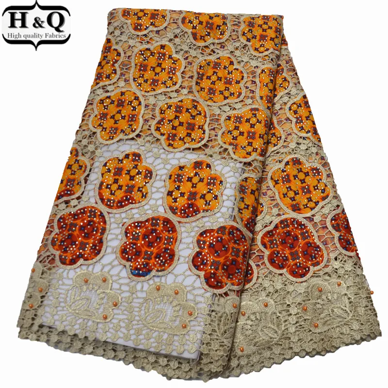 

H&Q Fashion African Cord Lace Fabric With Print Wax Patchwork Mesh Lace Nigerian Guipure Lace Water Souble Lace Mix Wax Fabric