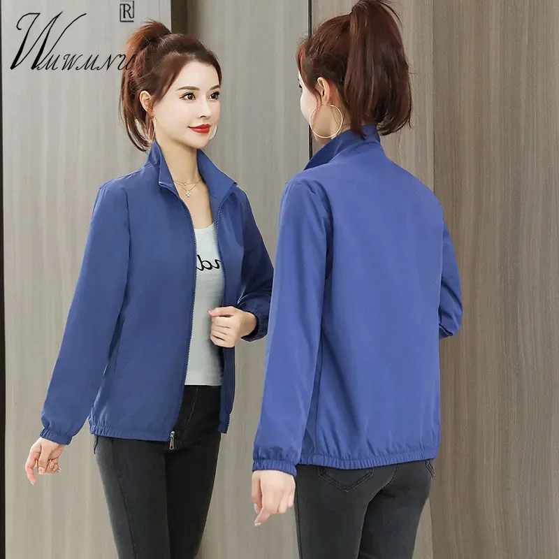 Oversize 4Xl Women's Spring Jackets Solid Color Thin Windproof Casual Outerwear Basic Blue Clothes Lapel Long Sleeves Chaquetas