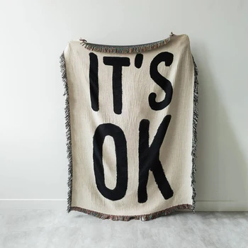 

CANIRICA IT'S OK Woven Throw Blanket Black and White Throws For Dorm Room Decor, Dorm Blankets Dorm Tapestry