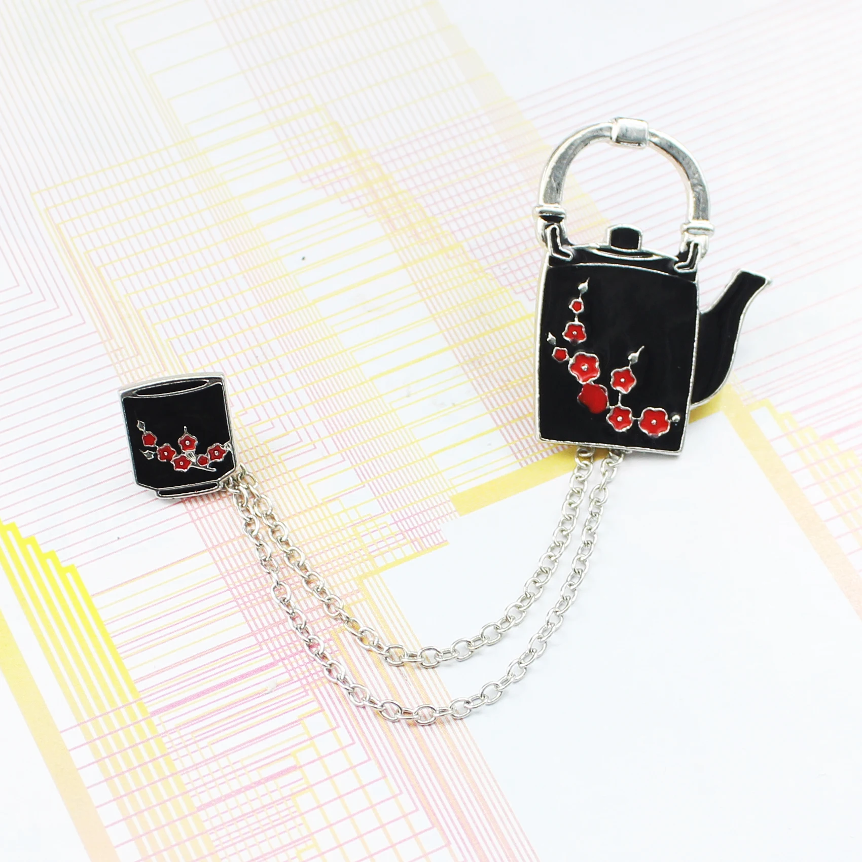 

Black Teapot And Cup Set With Red Plum Blossom Pattern Unique Chinese Style Pins Brooches Accessories Gifts For Friends