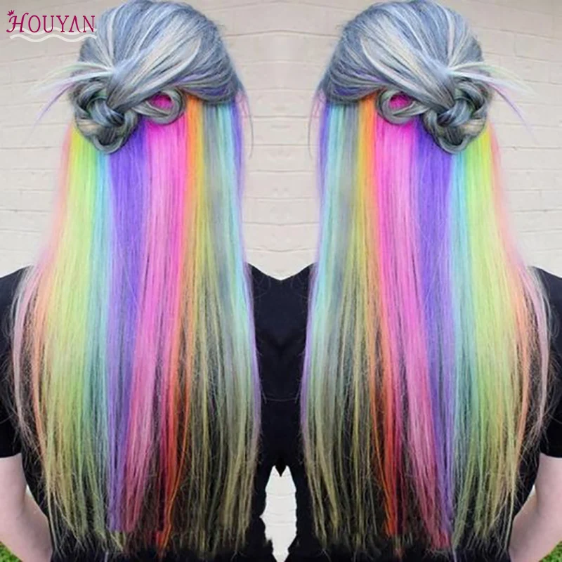 041 32 De Descuentoextensiones De Cabello De Color Liso Largo Clip En La Raya Del Pelo Del Arco Iris Hebras De Cabello Sintético Rojo Rosa Azul En