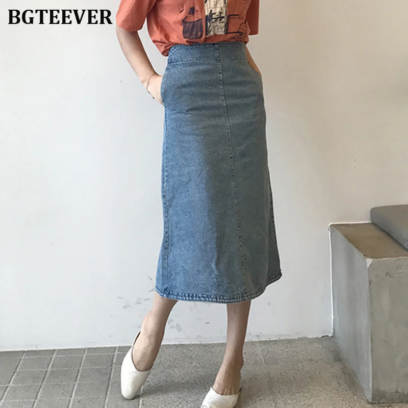 BGTEEVER с разрезом сзади, средней талией, облегающие джинсовые юбки женские осень, элегантная рабочая одежда, длинная юбка-карандаш, уличная одежда, Джинсовая юбка