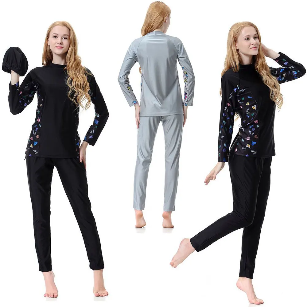 Muslimah Swimwear Modest Full Cover Islamic Swim Wear Printed Long Sleeve Coat+leggings+cap Three Pcs Hijab Hui Ethnic Swimsuit | Спорт и