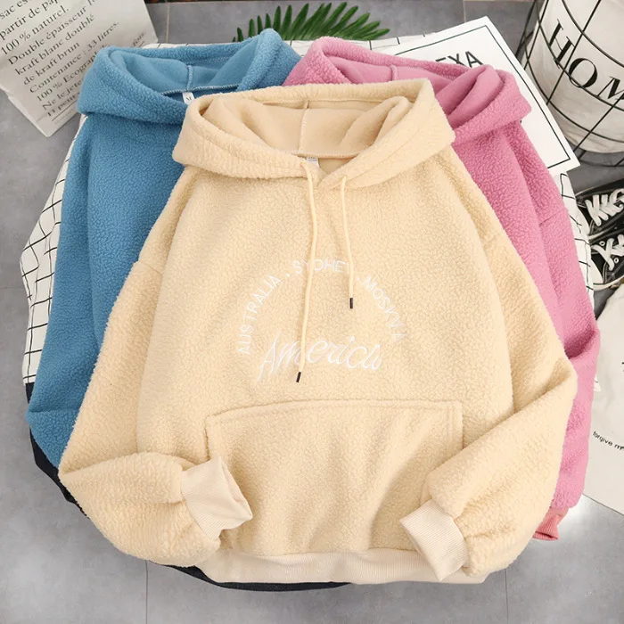 

Autumn Winter Fashion Warm Hooded Women Sweatshirt Letter Embroidery Print Hoodies Harajuku Casual Loose Long Sleeve Female Tops