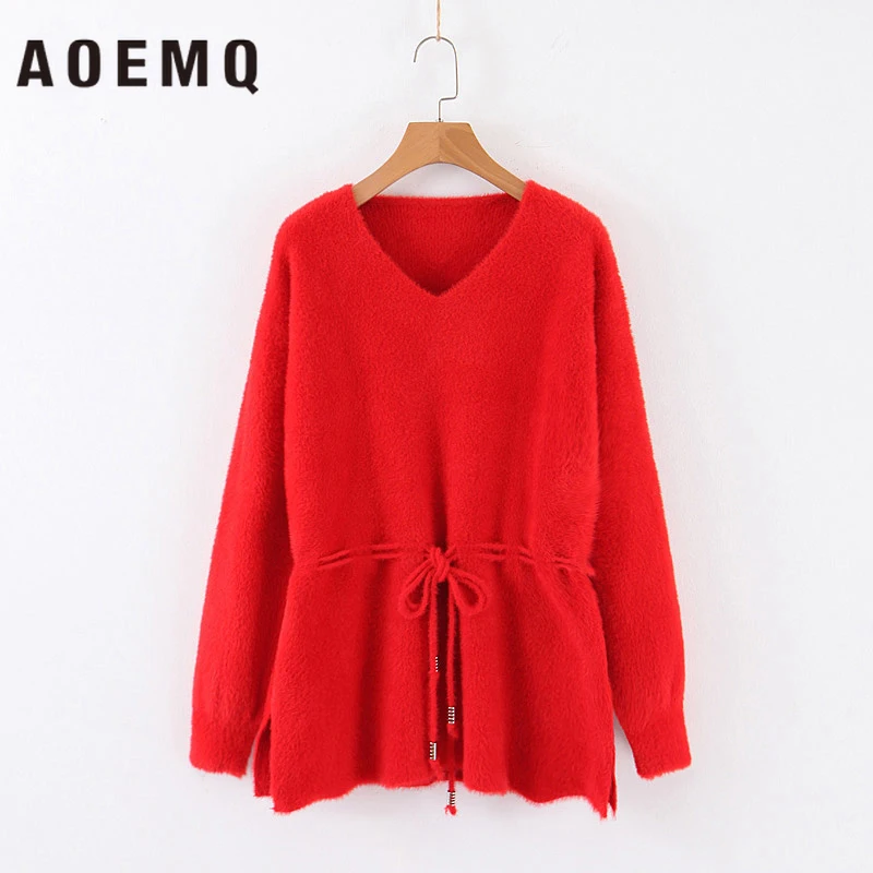 AOEMQ Winter Vintage Classic Sweaters Pullovers Christmas Lantern Sleeve 4 Colors Solid Fluff Warm Soft Women | Женская одежда
