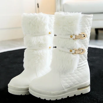 

Women Fur Mid Calf Boots Fashion Slip on Hidden Wedges Winter Snow Boots Buckles Thick Platform Warm Shoes Female White Black