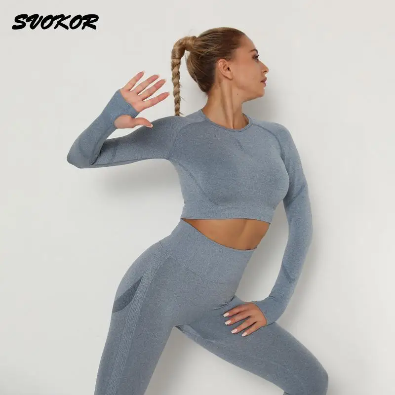 SVOKOR Crop Top Gym Set Seamless Women Yoga Workout Set Fintess Clothing Push Up Leggings Sport