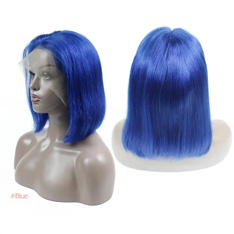 blue Bob Lace Front Wigs 13X4 Human Hair Wigs 613/Red/Blue/Black/Purple/Pink/Yellow Ombre Short Bob Wigs Human Hair Wigs - Цвет: blue