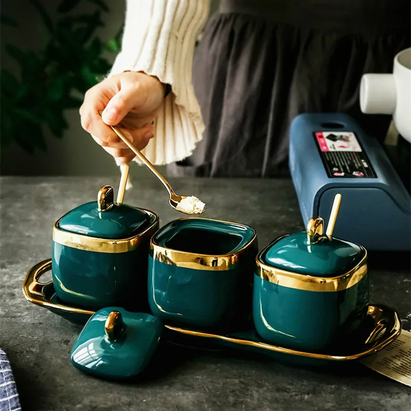 

Four sets of household equipment for four cans of light jade ceramic sugar in northern Europe Ceramic seasoning pot jars
