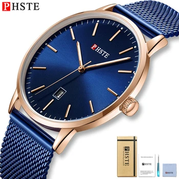 

PHSTE New Brand Luxury Mens Watch Quartz Japan Movt Luminous Date Waterproof Slim Thin Mesh Band Blue Rose Gold Male Wrist Watch