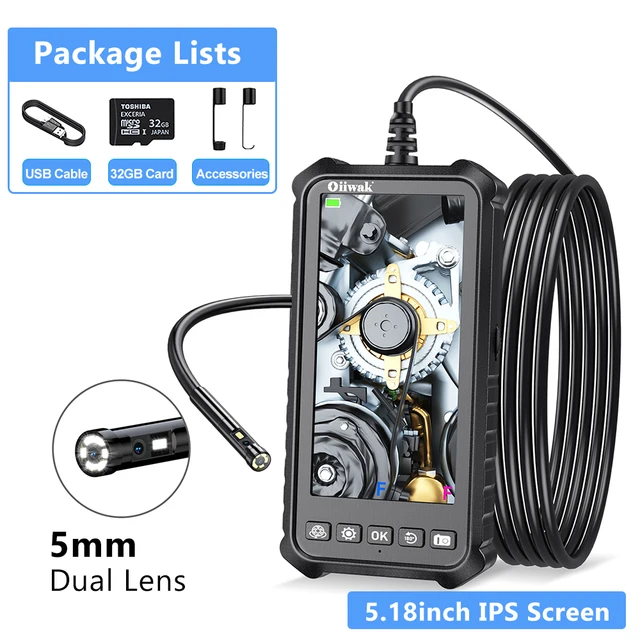 Oiiwak 1080P Endoscope Camera 5mm/8mm Dual lens Borescope Pipe Inspection Camera 5.18in Screen IP67 Surveillance Video Camera 5mm Dual Lens