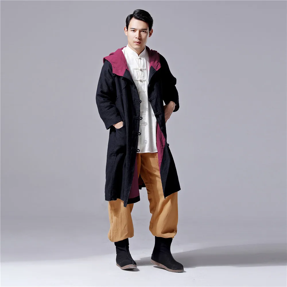 

19 New Style Ethnic-Style Cotton Linen Men'S Wear Retro Literature And Art Witch Cap Trench Coat Long Coat Double Layer Trench C