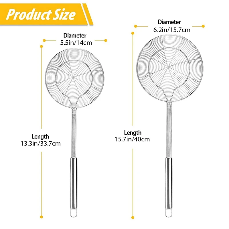 5.5in Kitchen Colander Spoon for Cooking and Frying. Stainless Steel Spider Strainer Skimmer Ladle,Wire Skimmer with Spiral Mesh 