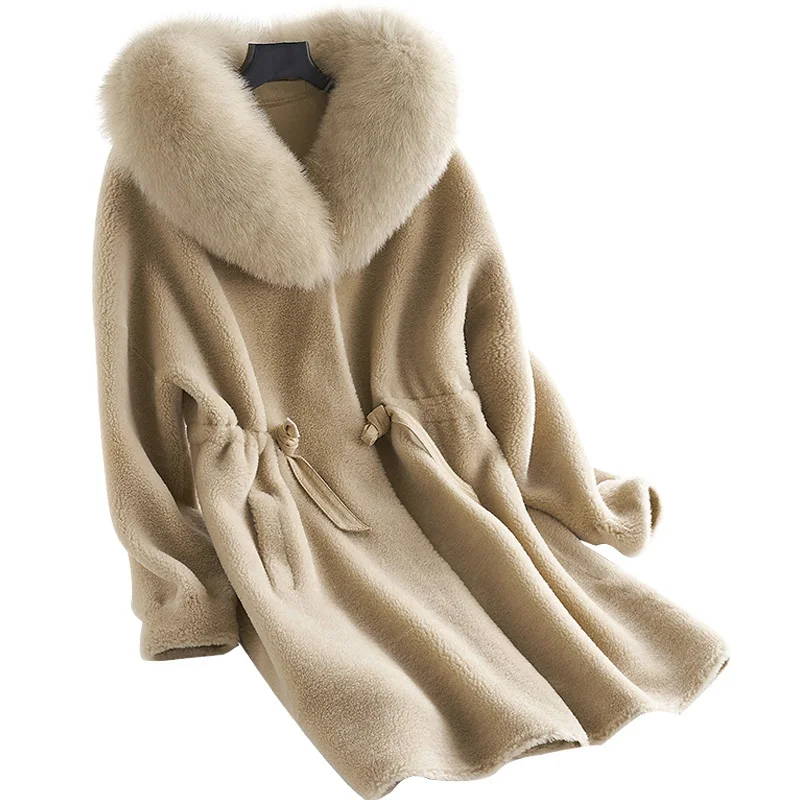 

2020 New Winter Heavy Seta Lead Grain Sheep Shearing Overcoat Long Fund Even Hat Leather And Fur Loose Coat Woman