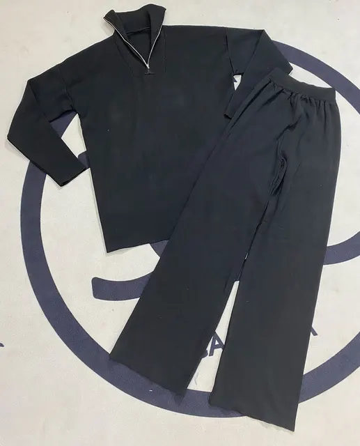 Free Shipping Casual Autumn Loose Knit Sweater Set Fashion Zip Lapel Long Sleeve Pullover Sweater & Straight Pants Two-piece Set black