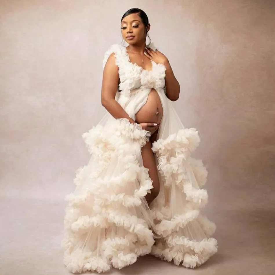

Chic Tulle Maternity Dress for Photoshoot or Babyshower Ruffled Pregnant Women Dresses Robe Photography Gown Custom Made