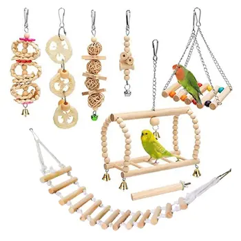 

8 Pcs/Set Birds Parrot Natural Wooden Chewing Toys Climbing Hanging Swing with Bells Hammock Ladder Standing Perch Cage