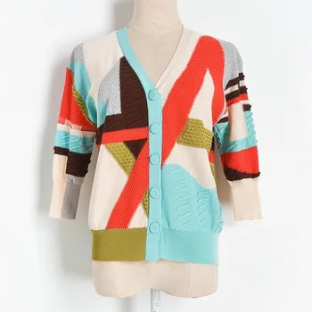 

2020 Summer New Retro Multi-Color Contrasting Color Stitching Buckle Half-Sleeve Shirt V-neck Sweater Cardigan Women