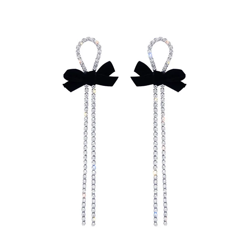 Drop Earrings Dangle Earrings Crystal Earrings Long Earrings Crystal Tassel Earrings Bowtie Earrings New Contracted Metal Black Bowknot Modelling Drop Earrings Long Tassel Shiny Crystal Fashion Women Earrings Senior