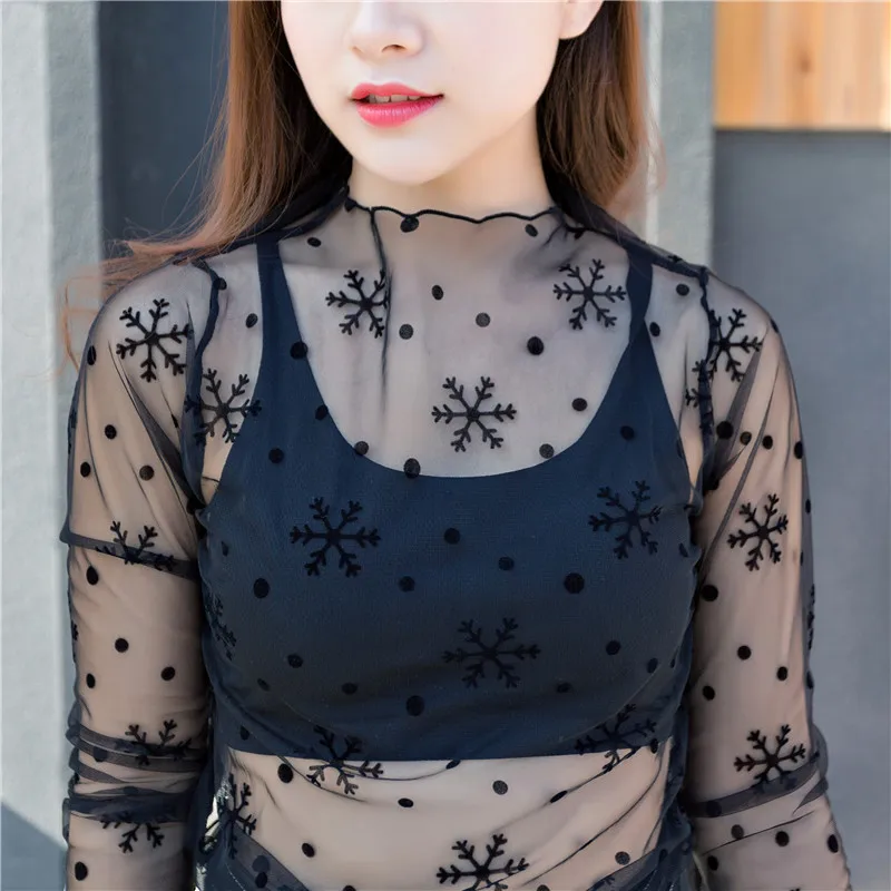 

New Wild Net Yarn Bottoming Shirt Women's Fishnet Net Shirt Perspective Sexy Long-sleeved Lace White Shirt Black Shirt