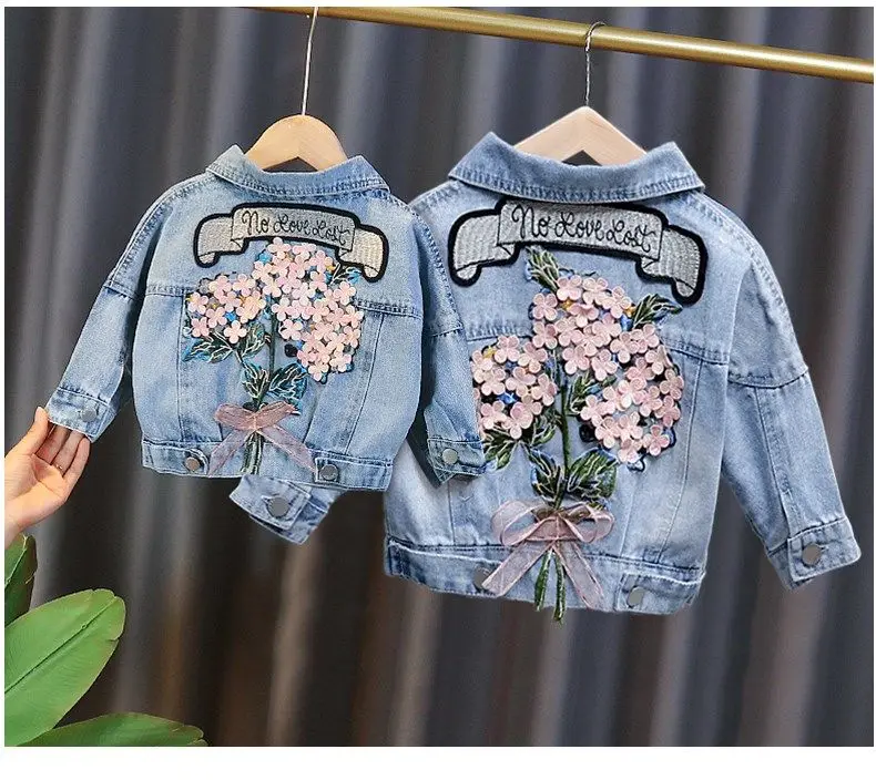 Spring Autumn Kids Denim Jackets for Girls Baby New Flower Embroidery Coats Fashion Children Outwear Ripped Jeans Jackets 1-5Y