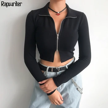 

Rapwriter Casual Turn-down Collar Zipper Harajuku Jackets Women 2019 Fall Streetwear Long Sleeve Slim bomber Black Jackets mujer