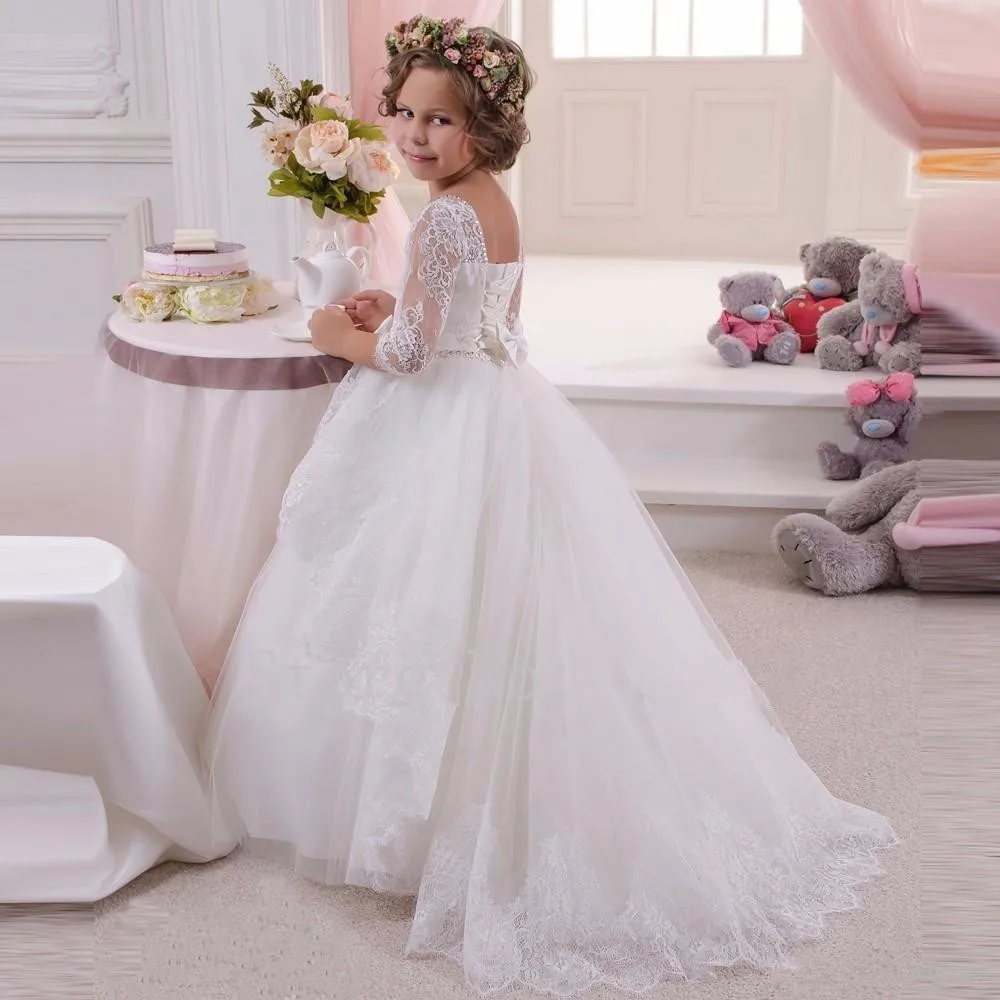all white as image Платья с цветочным узором для девочек; Пышное Бальное платье с рукавами 3/4; детское кружевное платье принцессы; платья для девочек для свадебной вечеринки, дня рождения - Цвет: all white as image