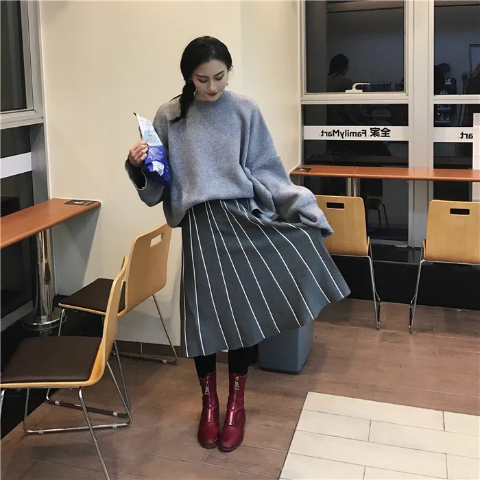 Skirts Womens Winter Vintage Striped Slim A Line High Waist Knitted Long Skirt Black Gray Fringe Skirt DF998