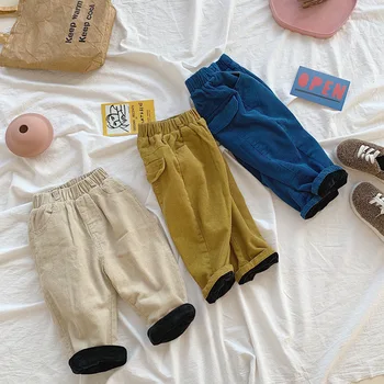 

WLG boys girls winter pants kids velvet thick beige yellow blue pant baby warm casual all match trousers 1-6 years